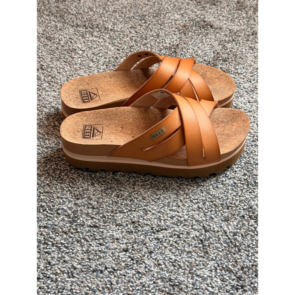 Reef Cushion Bloom Hi Tan Brown Platform Cross Strap Sandals Slides Womens 6